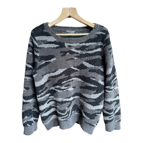 Barefoot Dreams CozyChic Women’s Crewneck Sweater Black Grey Camouflage, Large - Picture 1 of 11